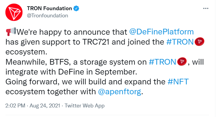 NFT Social Platform DeFine Integrates with TRON, Introducing Its Social Profile System into TRON's Ecosystem