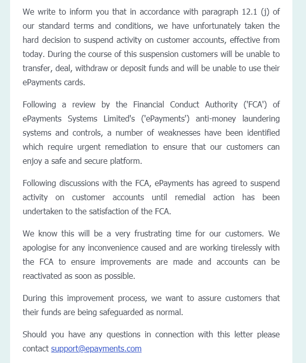 UK Regulator Orders ePayments to Suspend Users' Accounts