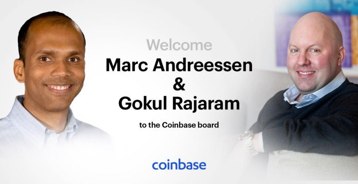Coinbase Adds Marc Andreessen and Gokul Rajaram to Boardroom